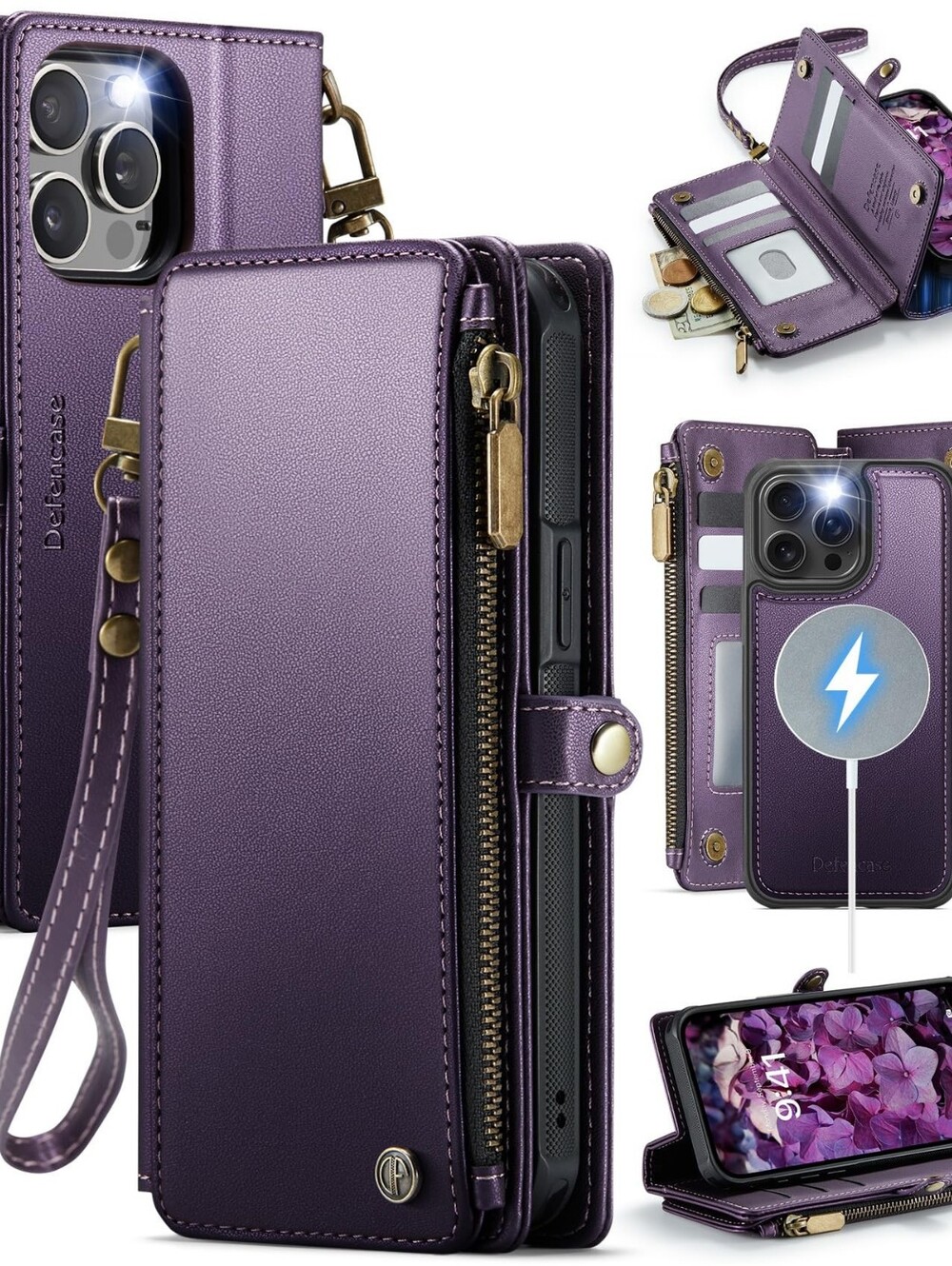 Defencase Purple iPhone 15 Pro Magnetic Wallet Compatible Magsafe RFID Block